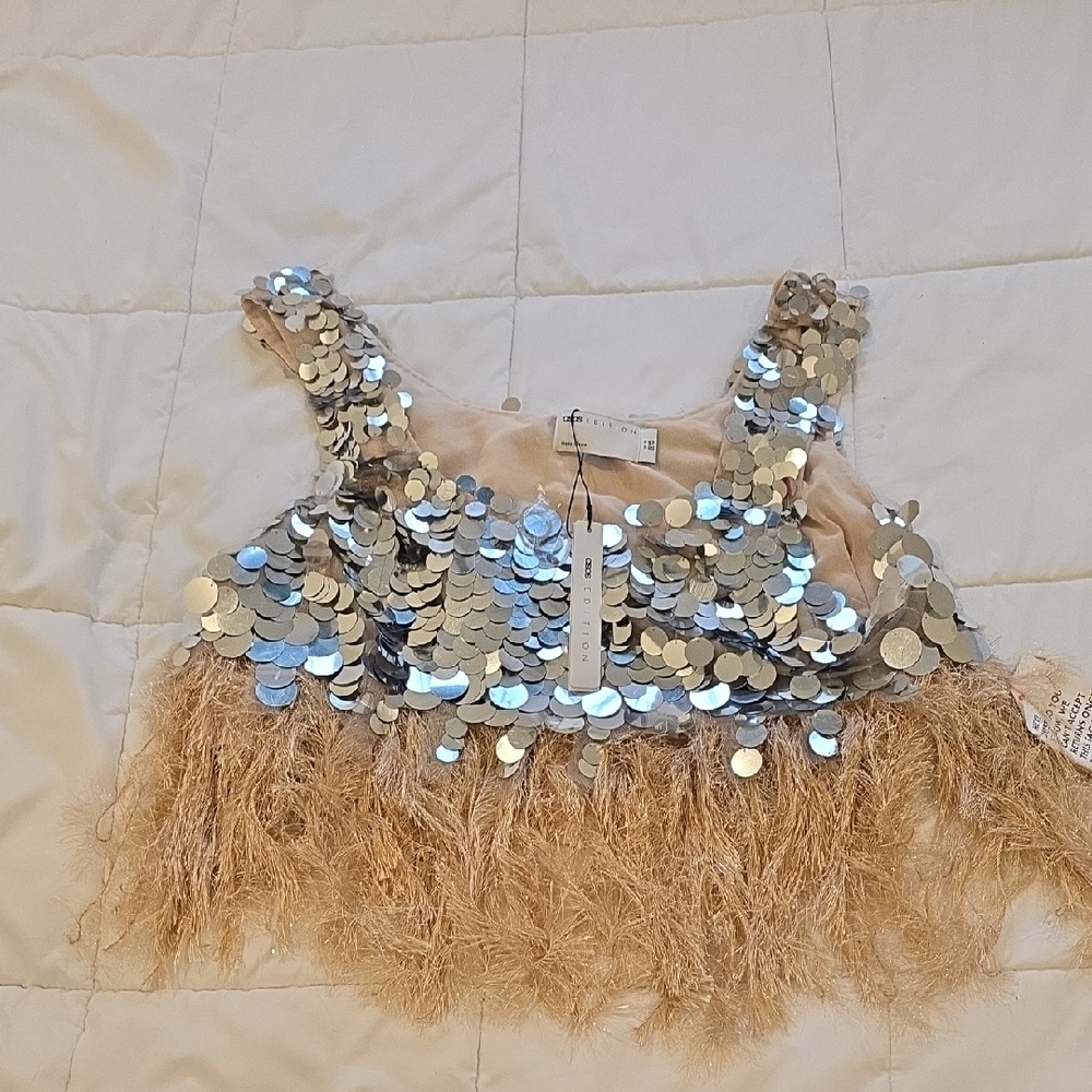 ASOS Sequin and Feather Crop Top in Silver and Tan